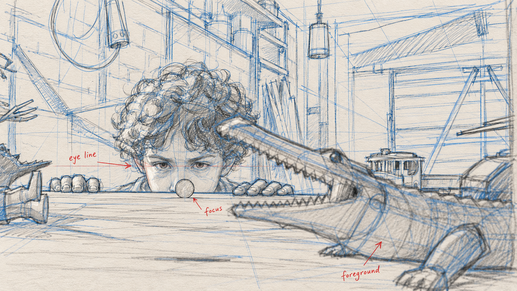 Concept storyboard of the same production scene, with rough pencil construction lines and planning notes